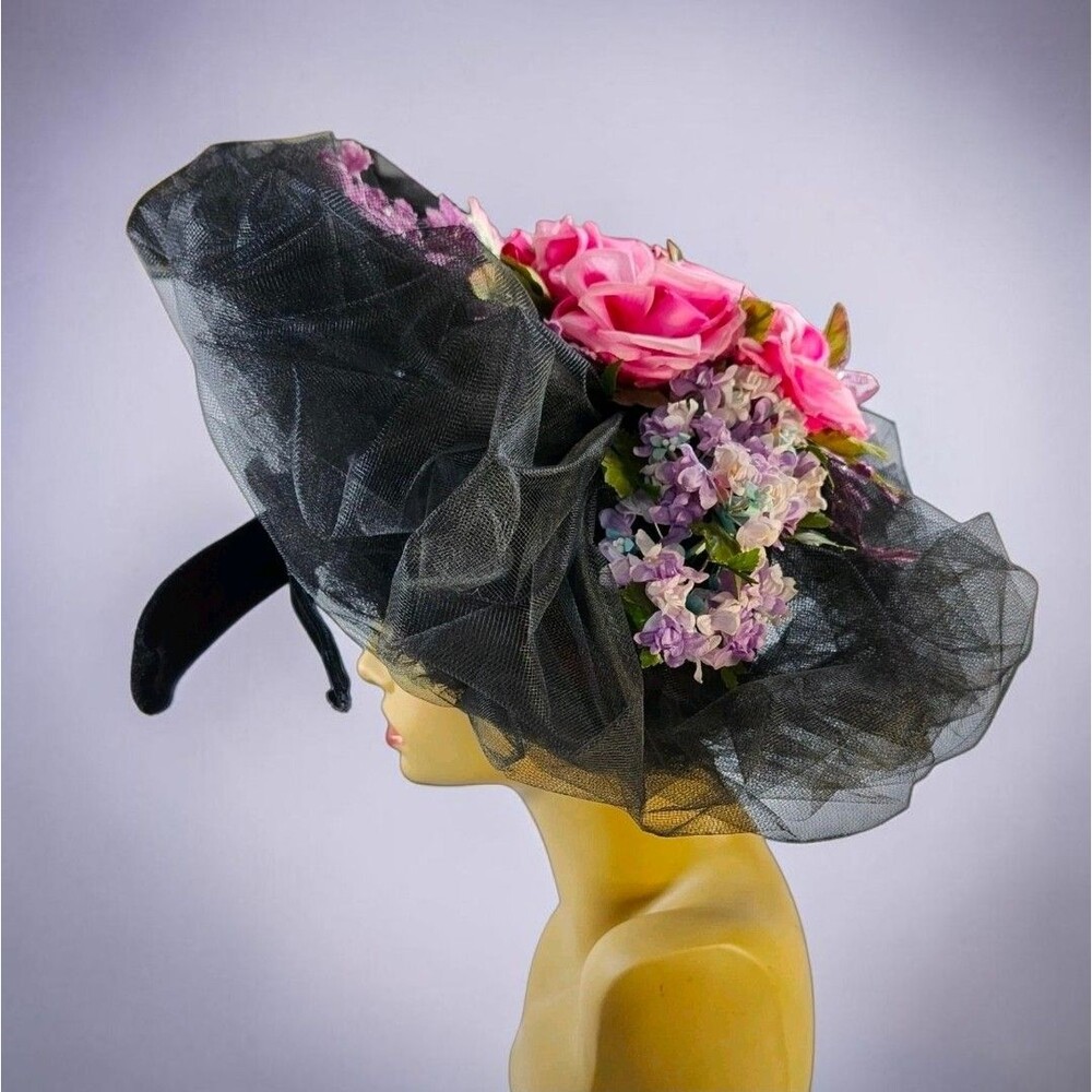 Vintage 1950s Mme Poswolsky NY Black Tulle Wide Brim Picture Hat Roses RARE